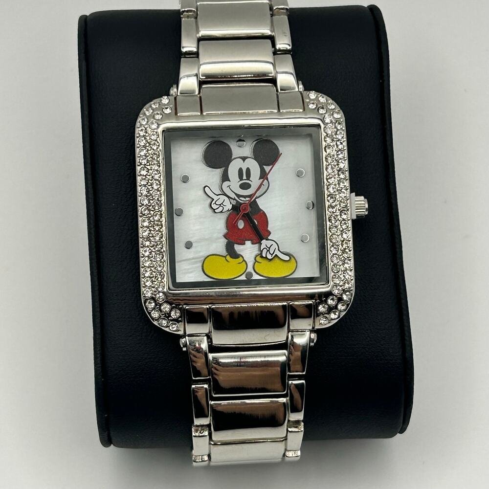 Disney Mickey Mouse Silver Tone Crystals Mother Pearl Dial Watch New Battery - Picture 2 of 8
